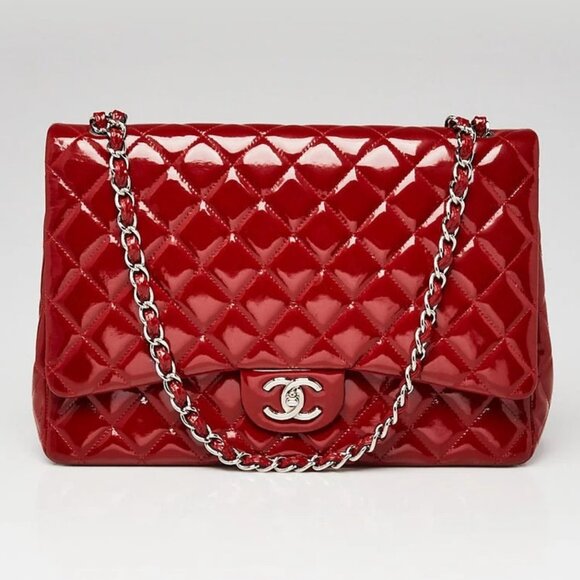 Chanel Dark Red Quilted Patent Leather Classic Maxi Double Flap Bag - Picture 1 of 10